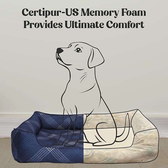 Pupstilo Orthopedic Bolster Dog Bed – CertiPUR-US Foam, Recycled Polyester Canvas, Washable Cover, Anti-Slip Bottom, Large, Grey Plaid – Stylish Designer Dog Sofa