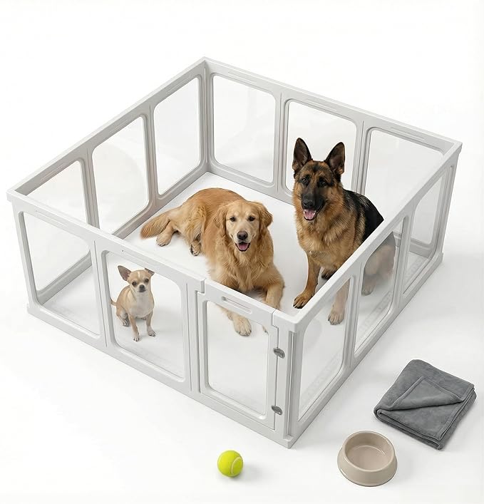 Jatindear 12Pcs Clear Acrylic Plastic Dog Playpen, 23.6“ H Lightweight & Easy Assemble Playpen Divider, Durable Safety Play Pen Indoors, Puppy, Cat, Small Animal(White)