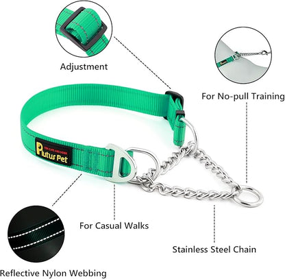Plutus Pet Martingale Dog Collar with Stainless Steel Chain and Reflective Nylon, Adjustable No Pull Training Collar, for Small Medium, and Large Dogs, Green, M