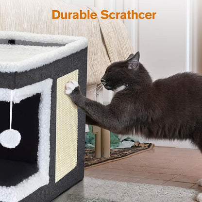 petizer Cat Bed for Indoor Cats, Large Covered Cat House with Scratch Pad, Foldable Cat Cave Bed & Hideaway Cube with Reversible Cushions, Cute Cat Condo for Multi Small Pet Kitten (Dark Grey)