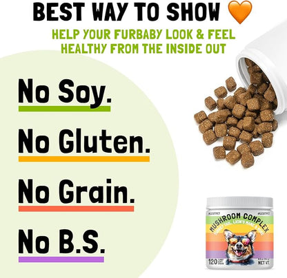Mushroom Complex Treats for Dogs with Reishi, Shiitake, and Turkey Tail Mushrooms for Cognition and Immune Boosting Supports Digestive Health and Reduces Inflammation DHA EPA Turmeric Kelp (120pcs)