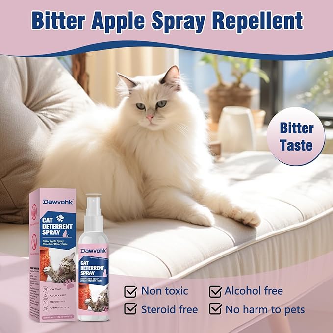 Dawvohk Bitter Apple Cat Repellent Spray - Natural Anti-Scratch Spray for Furniture Protection: Sofas, Carpets, Curtains — Indoor and Outdoor Cat Behavior Training, 4.06 oz(120ml)/1PC