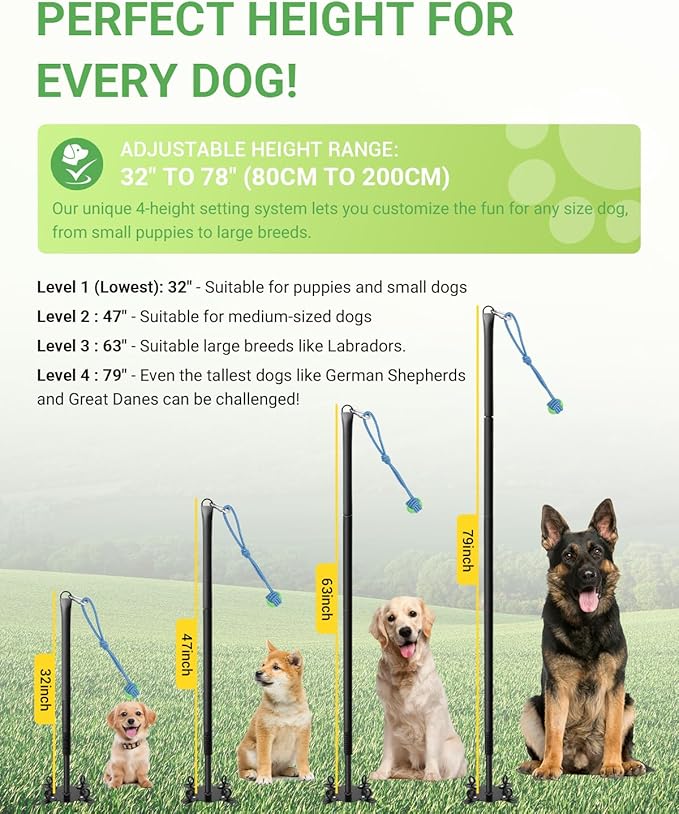 Tether Tug Outdoor Dog Toy, 31"-78" Tug of War Dog Toy with Safety Pole Cover, 3 Replaceable Ropes & Spiral Ground Anchor - 4 Durable Spring Pole Interactive Pull Toy for Large Medium Small Dog