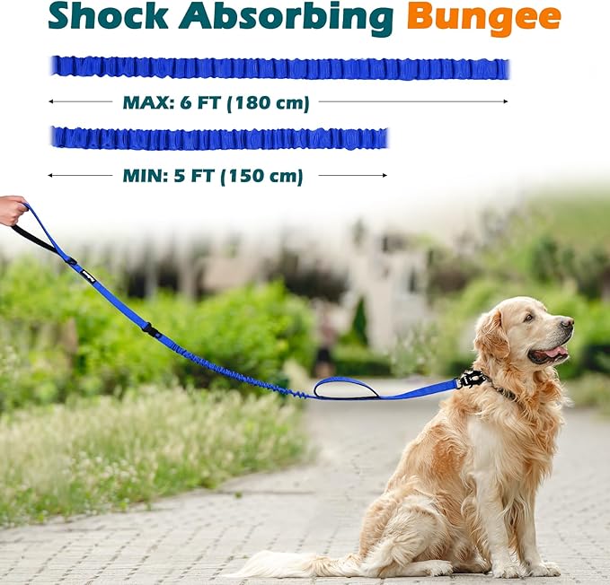 PetBonus Heavy Duty Tactical Dog Leash, 5 FT Bungee Shock Absorption Leash with 2 Padded Handles, Quick Release Metal Clip, Car Seatbelt, No Pull Training Lead for Large Medium Dogs（Blue）