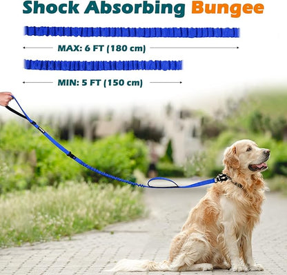 PetBonus Heavy Duty Tactical Dog Leash, 5 FT Bungee Shock Absorption Leash with 2 Padded Handles, Quick Release Metal Clip, Car Seatbelt, No Pull Training Lead for Large Medium Dogs（Blue）
