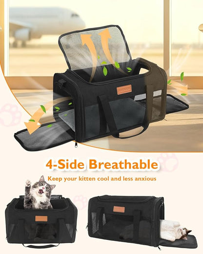 PETUX Airline Approved Pet Carrier - 17x11x9.5 in, Underseat, Top & Side Entry, Soft Sided Cat Dog Carrier for Small Cat & Dog Up to 12 lbs with Breathable Anti-Scratch Mesh for Travel & Vet - Black