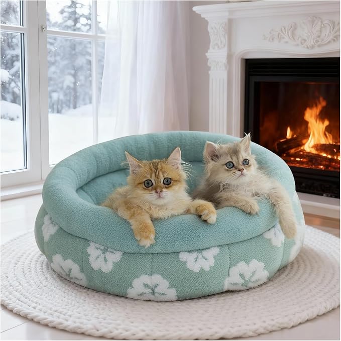 BALANCE Cat Beds for Indoor Cats, Washable Round Cat Bed, Cute 3D Flower Kitten Bed with Anti-Slip Bottom for Puppy and Kitten, 20 Inches, Green