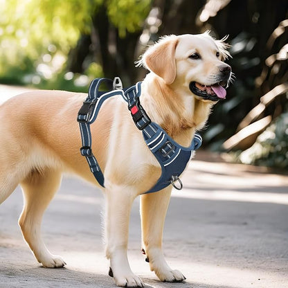 Timos Dog Harness Large Sized, No Pull Pet Harness with Neck Lockable Snap,No Choke Front Clip Dog Reflective Vest,Adjustable Metal Rings 3 Buckles,Easy Control Handle for Large Dogs Royal Blue L