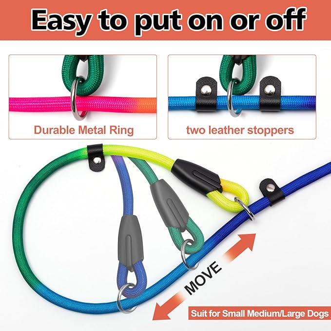 3-Pack Adjustable Rainbow Dog Slip Leads Multi-Color, 5FT Reflective Nylon – No Collar Needed, No-Pull, Ideal for Small/Medium Dogs (Training/Walking)