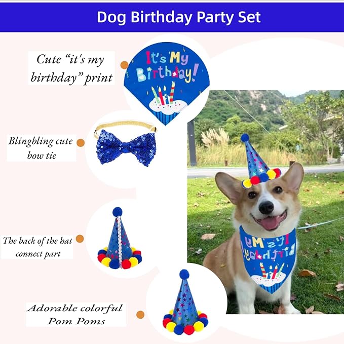 Pet Birthday Party Set,Dogs Bandana and Dog Birthday Hat with Star Pattern Design, Adjustable Sequin Bow tie Accessories, Blue Birthday Boy Scarf (Dark Blue)