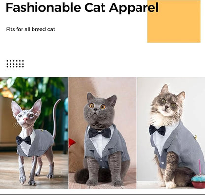 DENTRUN Cat Tuxedo Outfit, Sphynx Cat Costume Formal Suit with Bow Tie, Stylish Cat Shirt Fashion Apparel Fancy Clothes, Kitten Formal Attire Wedding Onesie Costume for Cats Only