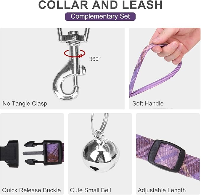 EXPAWLORER Classic Plaid Puppy Harness - Small Dog Harness and Leash Set - Dog Collar and Leash Set with AirTag Holder, Soft Padded Step in Dog Vest Harness No Pull Reflective for Outdoor, Purple XS