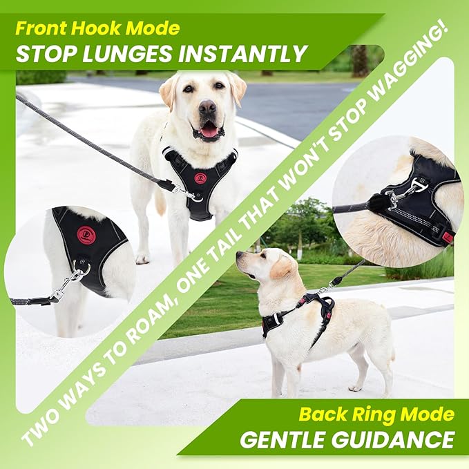 Pudiwind Black No Pull Adjustable Reflective Breathable Heavy Duty Dog Vest Harness for Medium Large Dogs with Quick Release Buckles Soft Padded Handle & Metal Front Back Clip for Walking Training, M