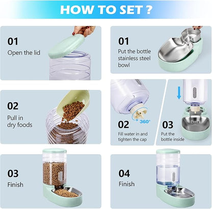 Automatic Cat Feeder and Water Dispenser with Stainless Steel Bowl Gravity Food Feeder and Waterer Set for Small Medium Dog Puppy Kitten 1 Gallon x 2(Green)