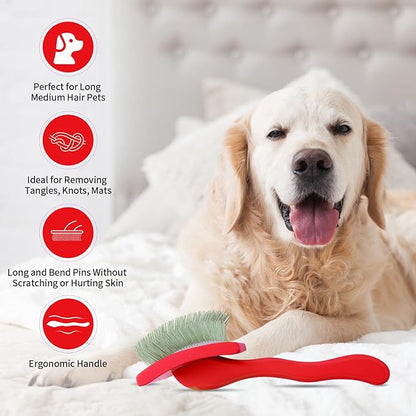 Dog Slicker Brush & Stainless Steel Comb Set for Shedding & Grooming Medium & Large Long or Thick Coated Dogs, Doodles & Cats, 1 Inch Pin Slicker Brush with Ergonomic Wooden Handle, Red