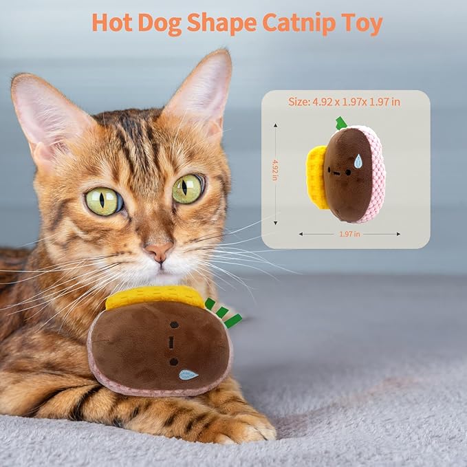 YWAOOH Cat Toys - Hot Dog, Fun Kick and Toss Catnip Toy with Crinkle Sound, Includes Catnip & Silvervine Powder (5g+5g) + 5 Reusable Pouches, Gift for Indoor Cats