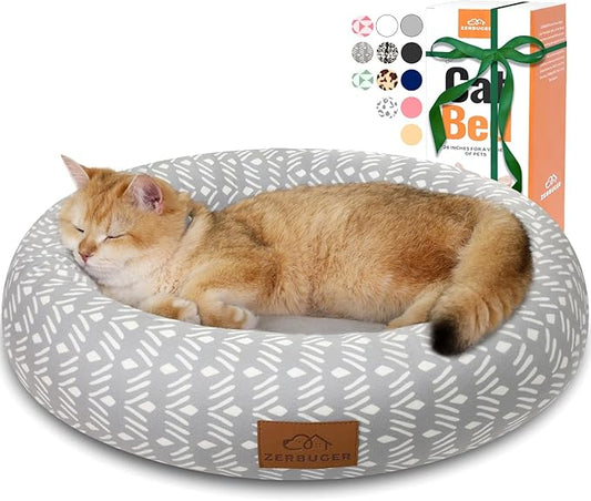 Zerbuger Cat Bed, 20In Dog Beds for Small Dogs, Calming Cat & Dog Beds for Indoor Pets, Pet Beds Comfortable Donut Round Ultra Soft (Grey Pattern, 20.0" L x 20.0" W x 6.5" Th)
