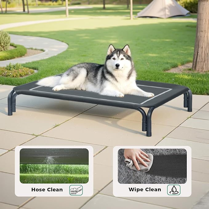 Elevated Dog Bed Raised Outdoor Dog Cot for Medium Dogs, Installation Requires No Tools, Frame with Washable Cooling Breathable Mesh Anti-Slip Feet, Indoor Pet Bed, Black, 35.4 Inches