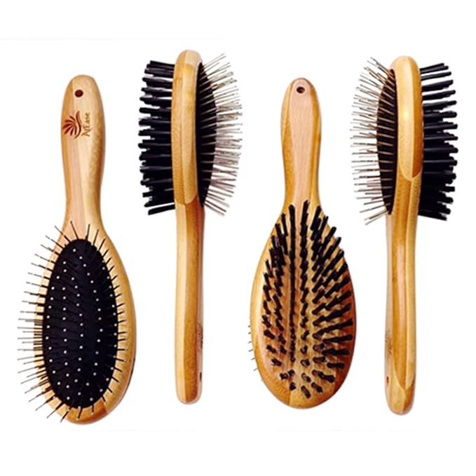 AtEase Accents Double Sided Dog Brush - for Long or Short Haired Dogs and Cats Natural Bamboo Eco Friendly Pet Grooming Dual Sided Pin and Bristles for Deshedding Hair