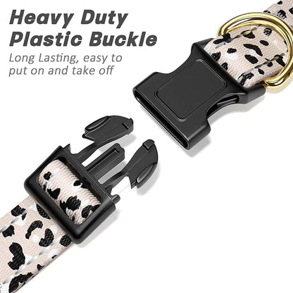 Reflective Dog Collar for Extra Small Dogs, Cute Leopard Style Adjustable Heavy-Duty Nylon Puppy Collar for Boy and Girl Female, Soft Pet Accessories with Quick Release Buckle, Beige