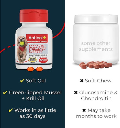 Antinol Plus, Mobility, Hip, and Joint Supplement for Dogs, Green-Lipped Mussels and Krill Oil - Dog Joint Supplement, Better and Faster Than Glucosamine and Chondroitin, 120 Soft Gels