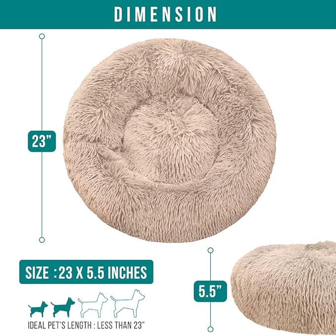 PetAmi Calming Dog Bed for Small & Medium Dogs and Cats, 23” Round Donut Dog Bed, Washable Fluffy Faux Fur Puppy & Cat Bed, Anti-Anxiety Plush Cuddler Pet Bed with Anti-Slip Bottom - Taupe