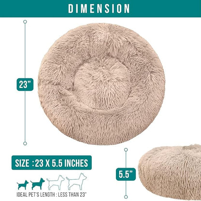 PetAmi Calming Dog Bed for Small & Medium Dogs and Cats, 23” Round Donut Dog Bed, Washable Fluffy Faux Fur Puppy & Cat Bed, Anti-Anxiety Plush Cuddler Pet Bed with Anti-Slip Bottom - Taupe