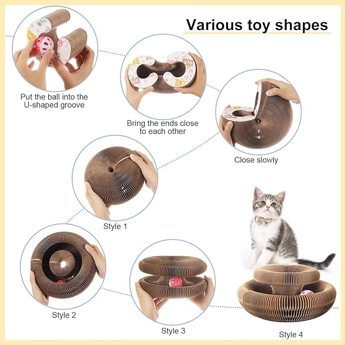 3PC Kitty Curls Cat Toy,Magic Organ Cat Toy,Cat Scratcher for Grinding Claw Cardboard Cat Toys,Interactive Scratch Pad with Toy Ball