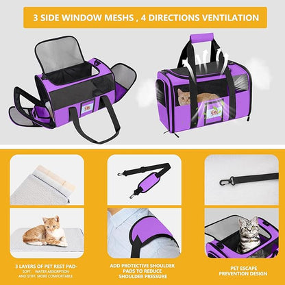 SECLATO Cat Carrier Pet Carriers Airline Approved for Small Dogs Kitten Carrier for Small Medium Animals Under 15lb, Collapsible Soft Sided Travel Carrier, Purple