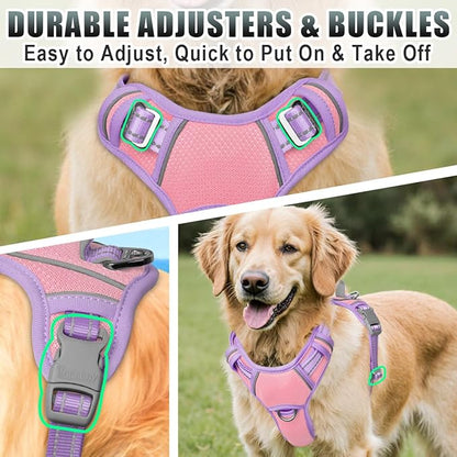 BARKBAY No Pull Dog Harness Large Reflective Dog Harness with Front Clip and Easy Control Handle for Walking Training Running with ID tag Pocket(Baby Pink & Violet Purple,XL)