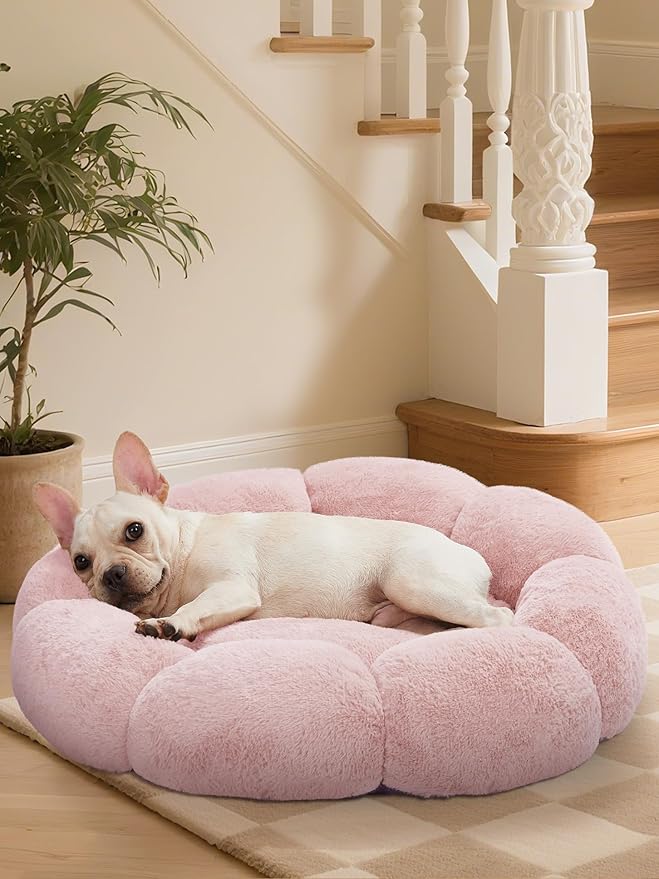 OhGeni 27 inches Calming Donut Dog & Cat Bed for Medium Pets, Warming Comfort Fluffy Short Pile Fur, Durable Machine Washable, Cute Round Bed for Puppy and Kitten, Pink