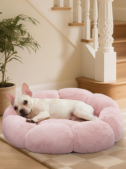 OhGeni 27 inches Calming Donut Dog & Cat Bed for Medium Pets, Warming Comfort Fluffy Short Pile Fur, Durable Machine Washable, Cute Round Bed for Puppy and Kitten, Pink