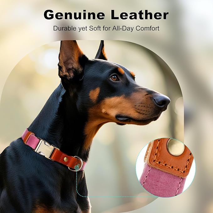 Plutus Pet Genuine Leather & Hemp Dog Collar – Adjustable Heavy Duty Pet Collar with Quick Release Metal Buckle, Soft & Stylish for Puppy and Small, Medium, Large Dogs (Pink, S)