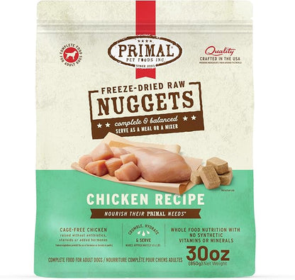 Primal Freeze Dried Dog Food Nuggets, Chicken; Complete Balanced Meal, Topper or Treat; Premium, Healthy, Grain Free, High Protein Raw Dog Food, 30 oz
