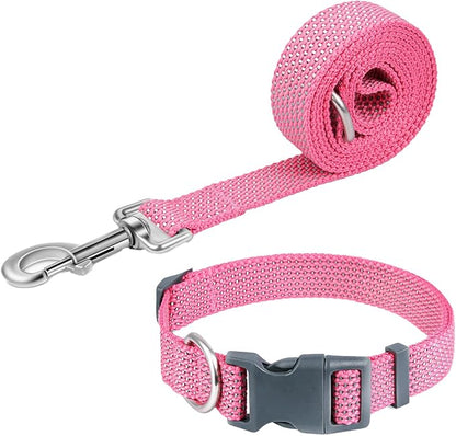 Reflective Dog Collar and Leash Set, Nylon Dog Leash with Heavy-Duty Steel D-Ring, Adjustable with Quick Release Buckle for Medium Dogs, Pink M