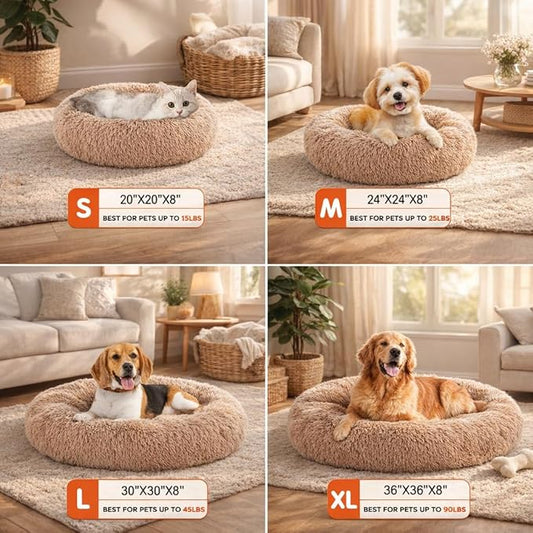 Dog & Cat Bed for Indoor Cats, 37in Calming Donut Pillow mat for Puppy and Kitten, Washable Cooling Round Fluffy Pet Nest for Small Medium Dogs and Cats, Brown