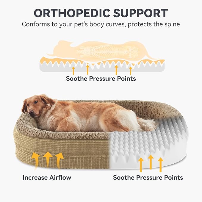 JOEJOY Orthopedic Dog Bed for Medium Dogs, Egg-Crate Memory Foam Pet Bed with Bolster Sides, Waterproof Lining, Removable Washable Cover & Non-Slip Bottom, Light Brown