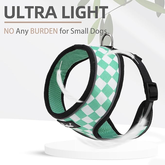 PUPTECK Soft Mesh Dog Harness and Leash Set Pet Puppy Cat Comfort Padded Vest No Pull Harnesses, Checkered Green&White, L