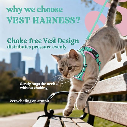rabbitgoo Cat Harness and Leash for Walking, Escape Proof Soft Adjustable Vest Harnesses for Cats, Easy Control Breathable Reflective Strips Jacket, Green&Pink, M