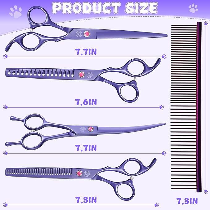 Professional Dog Scissors Set - 7 Inch/8 Inch Curved Chunkers & Thinning Shears with Grooming Comb