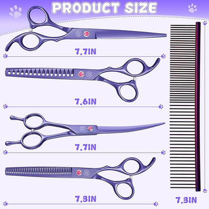 Professional Dog Scissors Set - 7 Inch/8 Inch Curved Chunkers & Thinning Shears with Grooming Comb