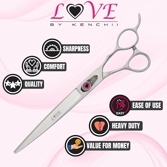 Kenchii Love Dog Grooming Scissors, 8 Inch Curved Shears, Dog Scissors for Grooming, Professional Pet Grooming Scissors, Ergonomic & Comfortable