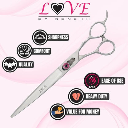 Kenchii Love Dog Grooming Scissors, 8 Inch Curved Shears, Dog Scissors for Grooming, Professional Pet Grooming Scissors, Ergonomic & Comfortable