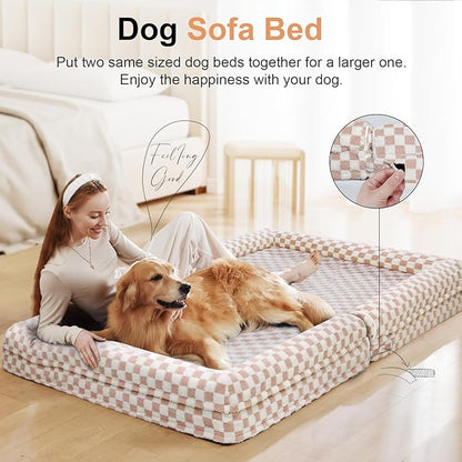 Large Dog Bed Orthopedic Washable: Beds Bolster XL Bed Big XLarge Dogs Egg Crate Foam Couch Sofa Waterproof with Removable Cover - Pink Grid