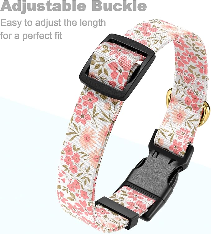 Rnivvi Dog Collar for Large Dogs, Cute Floral Heavy Duty Adjustable Puppy Collar with Quick Release Buckle for Girl & Female, Pet Accessories for Walking Running, L Length 1" Width, Pink White