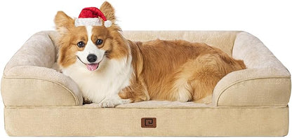EHEYCIGA Orthopedic Dog Beds for Large Dogs, Waterproof Memory Foam Large Dog Bed with Sides, Non-Slip Bottom and Egg-Crate Foam Pet Couch Bed with Washable Removable Cover, Greige