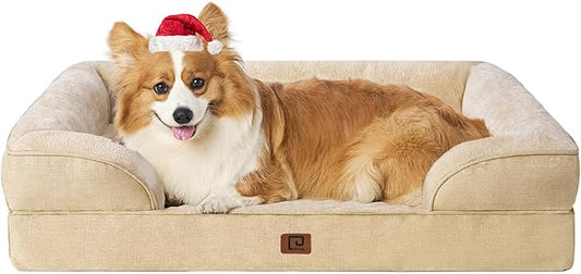 EHEYCIGA Orthopedic Dog Beds for Large Dogs, Waterproof Memory Foam Large Dog Bed with Sides, Non-Slip Bottom and Egg-Crate Foam Pet Couch Bed with Washable Removable Cover, Greige