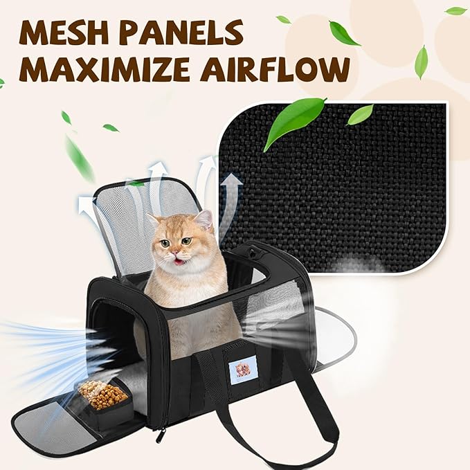 FOORLON Cat Carrier Soft for Pets Up to 25 Lbs, Cat Travel Bag with Padded Shoulder Strap and Detachable Cat Food Bowl, Pet Dog Carriers for Small Dogs Travel Puppy Carry Airline Approved, Black