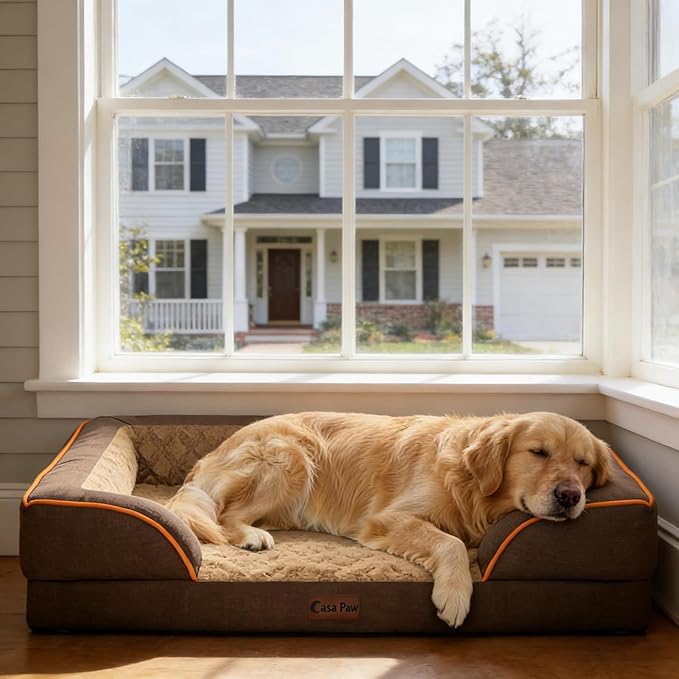 Casa Paw Orthopedic Dog Beds for Extra Large Sized Dogs, Waterproof Memory Foam XL Pet Bed with Sides 48x30Inch, Non-Slip and Egg-Crate Foam Big Dog Couch Bed with Removable Washable Cover, Brown