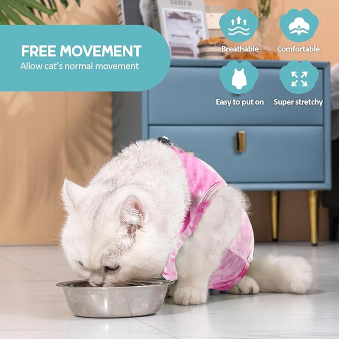 Avont Cat Recovery Suit - Kitten Onesie for Cats After Surgery, Cone of Shame Alternative Surgical Spay Suit for Female Cat, Post-Surgery or Skin Diseases Protection -Tie-dye Pink(M)